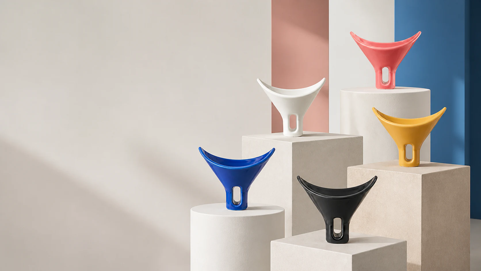 Five VYDRIPPER brewers in coral, yellow, pearl, blue and black glazes