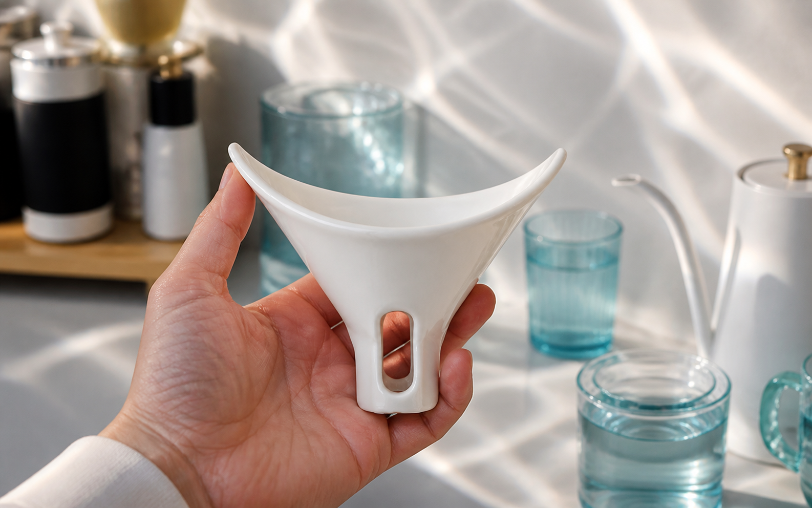 Pearl-white VYDRIPPER held in one hand in a bright coffee studio