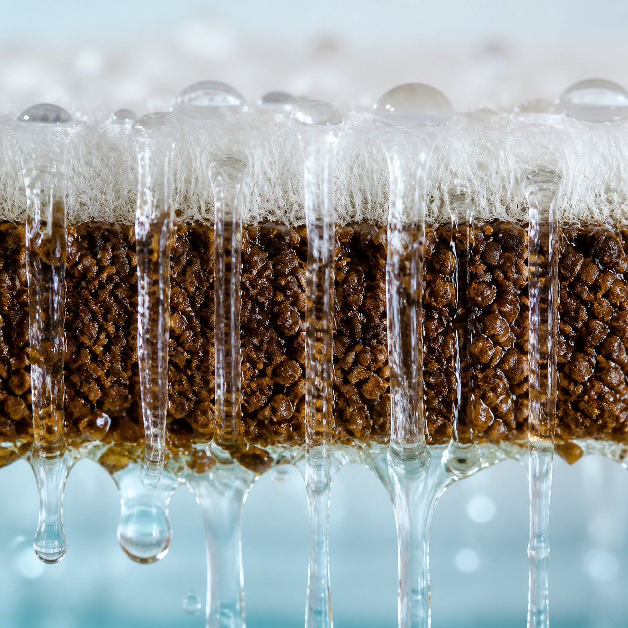 Macro cross-section of clear water moving through white fibres and an even coffee bed